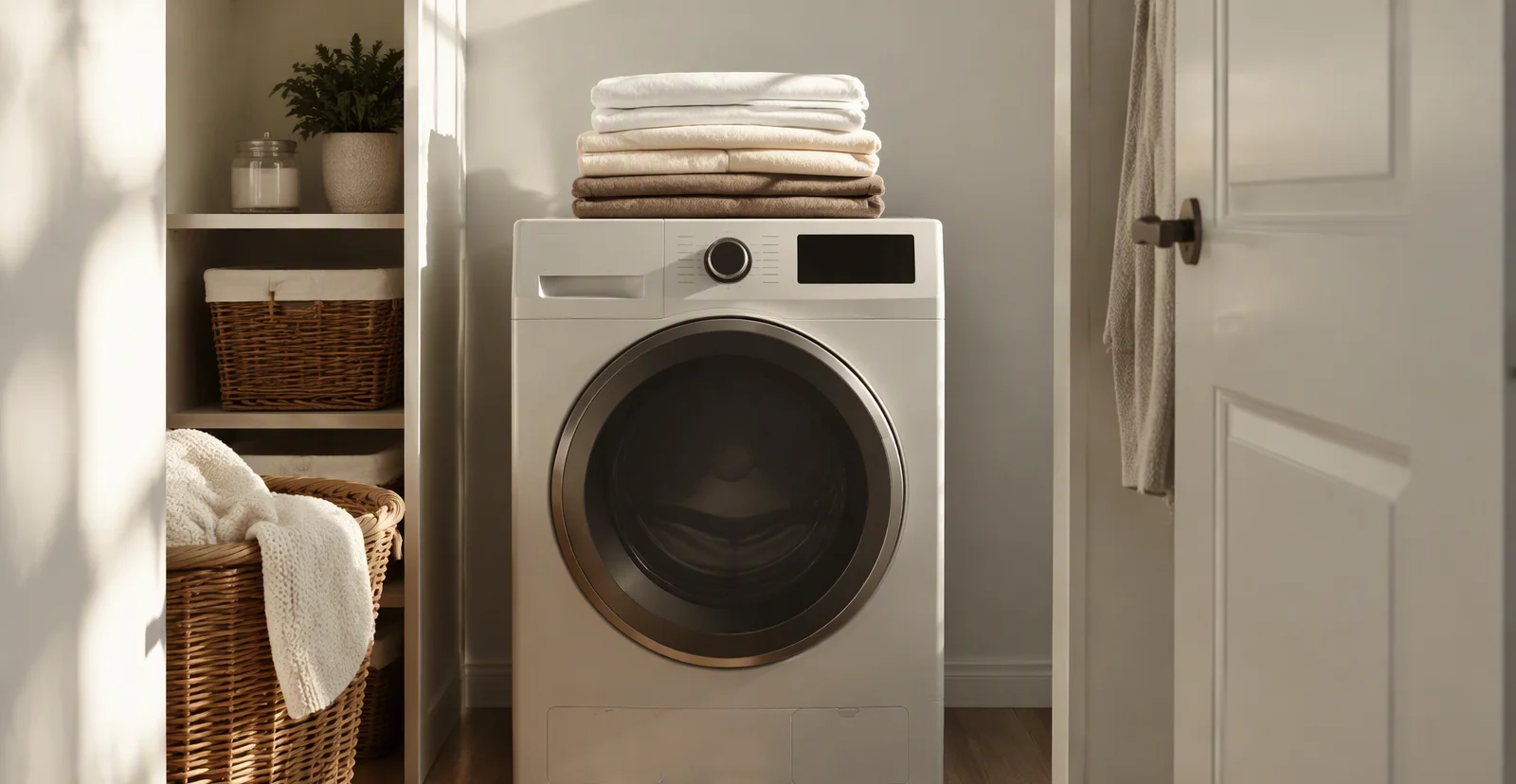 Front-load dryer with fresh folded linens in a Columbus, GA laundry room