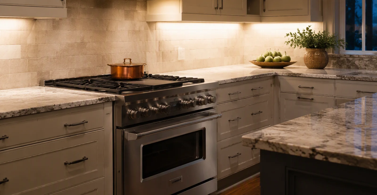 Stainless range oven in a warm Columbus, GA kitchen
