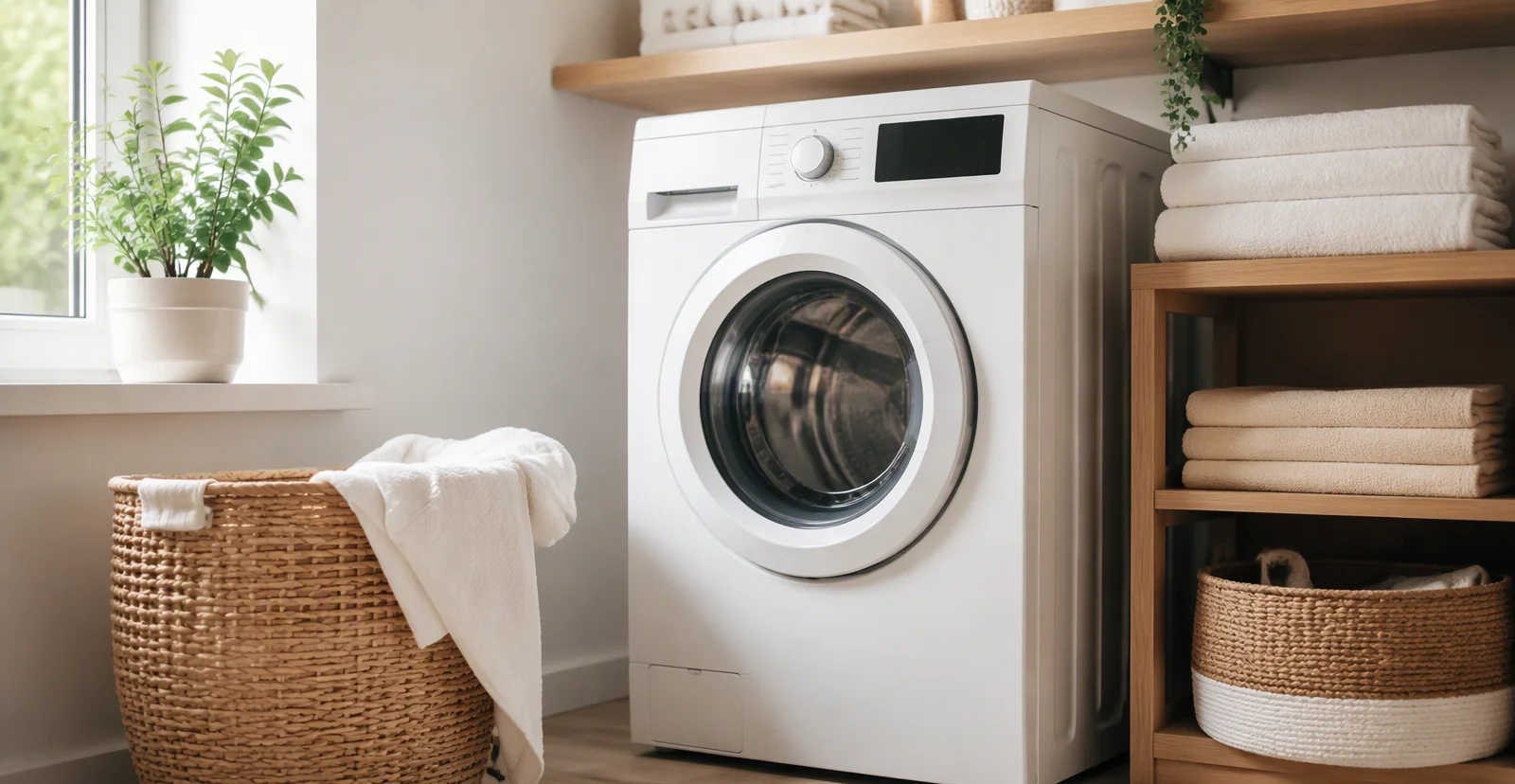 Front-load washing machine in a clean Columbus, GA laundry room